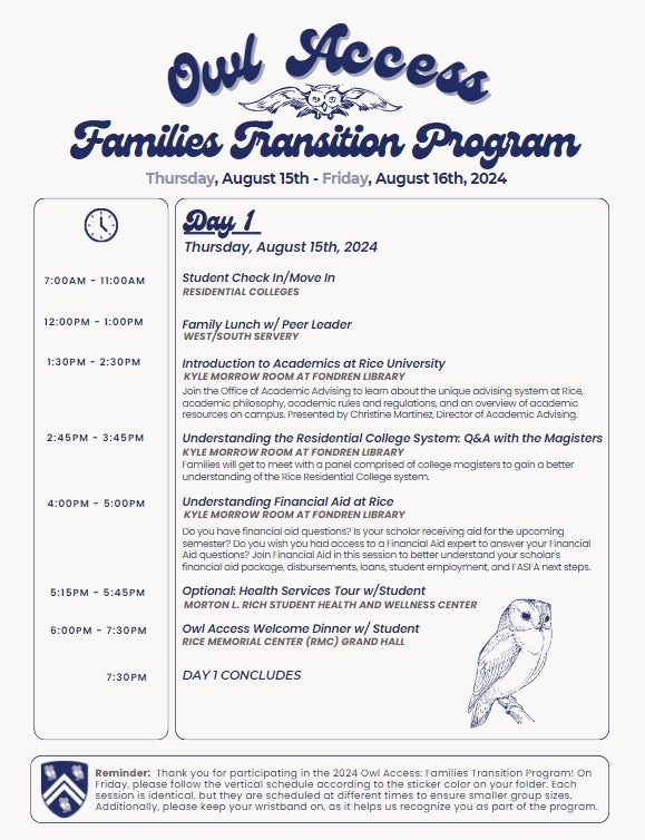 2024 Families Transition Program Schedule